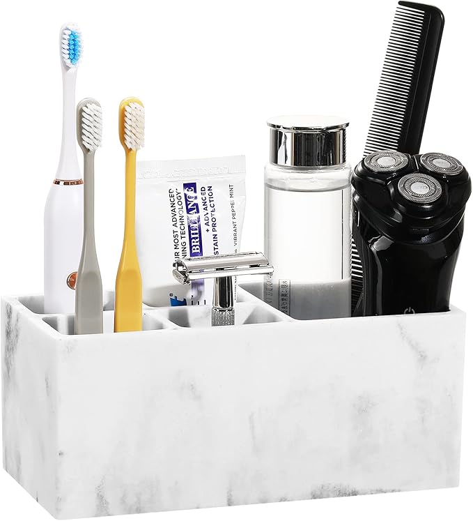 Luxspire Toothbrush Holder for Bathroom, 5 Slots Bathroom Counter Organizer Marble Toothbrush and Toothpaste Holder, Accessories for Restroom Bathroom - Gravel White