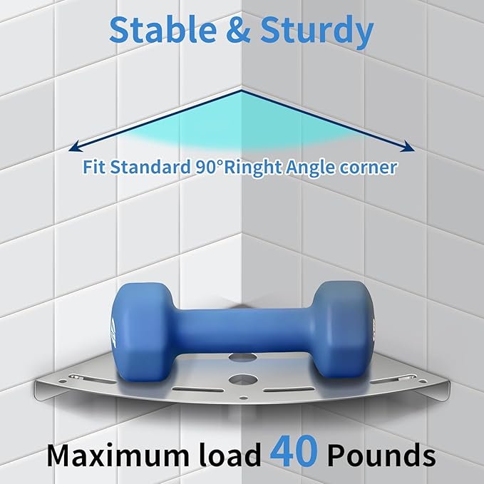2 Pack Corner Shower Shelves, 304 Stainless Steel Corner Shelf Bathroom with 6 Hooks 40 lbs Heavy Duty, Durable for Inside Shower Brushed Nickel Drilling Installation (Silver)