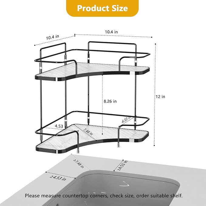 FOLLOWIN 2 Tier Bathroom Countertop Corner Organizer, Countertop Perfume Tray, Vanity Counter Shelf, Skincare Makeup Cosmetic Vanity Organizers, Elegant Black