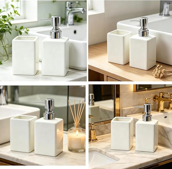 White Bathroom Accessories Set 2Pcs,Ceramic Soap Dispenser and Toothbrush Holder,Modern Decor Square Countertop Bath Set with Toothbrush Cup