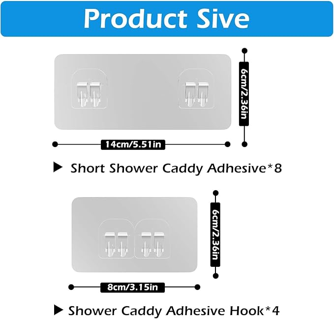 12 Pack Shower Caddy Adhesive Replacement, Shower Adhesive Strips, Waterproof Adhesive Hooks, Strong Sticker, No Drilling, for Bathroom Shelf and Kitchen Racks