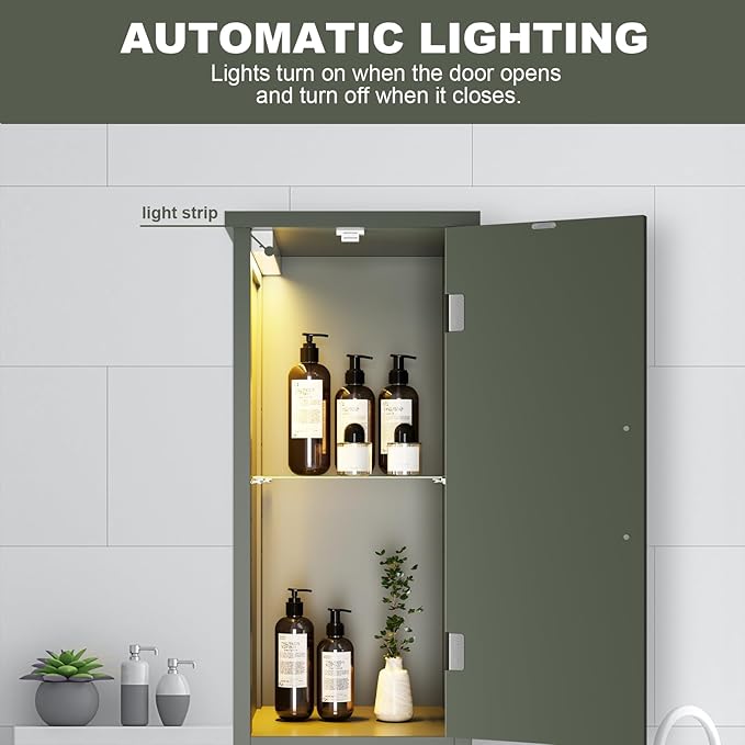 Hawkrown 67" Tall Bathroom Storage Cabinet with Lights, Slim Narrow Bathroom Cabinet Organizer with Doors and Adjustable Shelves, Tall Cabinet for Small Space (66.9" Tall-Green with Light)