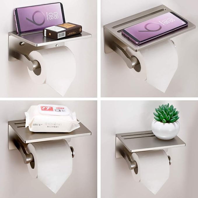 Toilet Paper Holder with Shelf and 2 Towel Hooks - Self Adhesive Toilet Paper Storage - Tissue Roll Holder with Phone Shelf - Wall Mount Toilet Roll Bathroom Organizer - Brushed Nickel