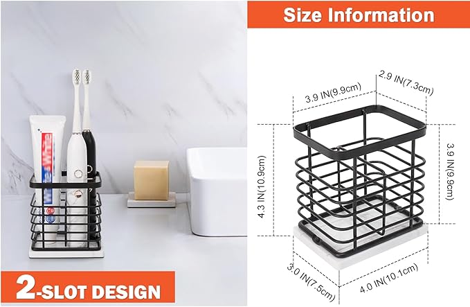 Toothbrush Holder, Luxurious Metal Toothbrush Toothpaste Holder with Marble Base for Bathroom, Multi-Slots Openwork Design, Bathroom Accessory for Storage and Organizer (Small, Matte Black)