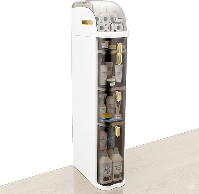 Slim Bathroom Storage Cabinet with Drawers, Narrow Floor Cabinet for Small Spaces, Vertical Bathroom Organizer Next to Toilet, Freestanding Bathroom Storage with Wheels
