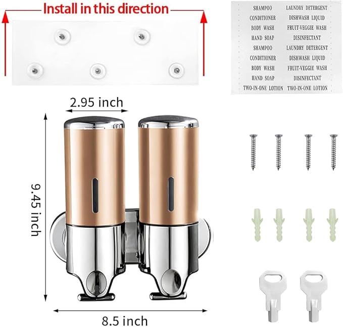 2 Chamber Wall Mounted Bathroom Shower Pump Dispenser and Organizer-Holds Shampoo, Soap, Conditioner, Shower Gel, for Bathroom Kitchen Hotel (Gold 2 Chamber)
