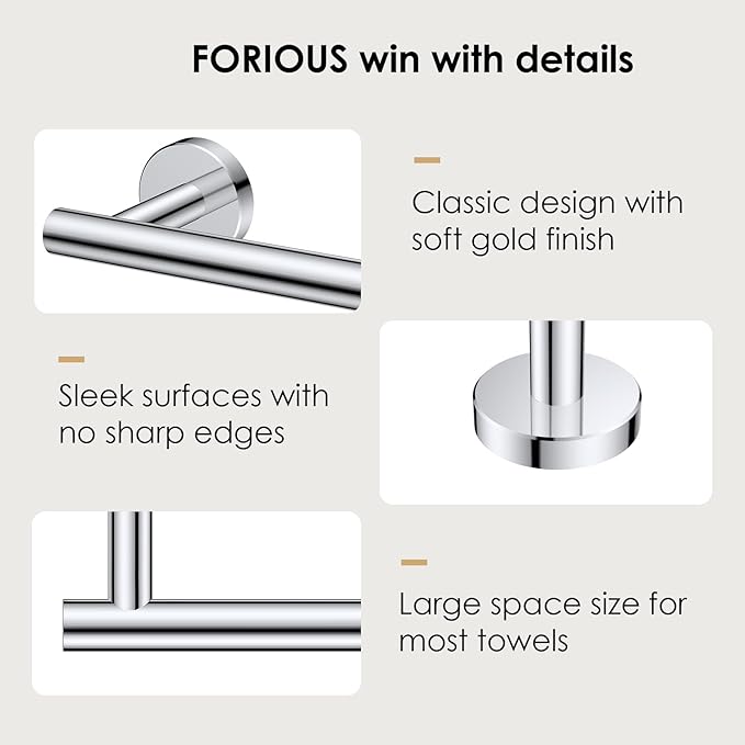 FORIOUS Towel Bar Wall Mounted, Stainless Steel Towel Racks for Bathroom, Includes Wall Mounting Hardware (Chrome, 20 Inch)