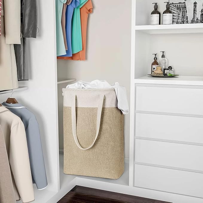 Laundry Basket with Handles Beige&Khaki-Slim Laundry Bin Collapsible Dirty Clothes Basket Narrow Laundry Bag Foldable Dirty Hamper for Camping, Dorms, Apartments