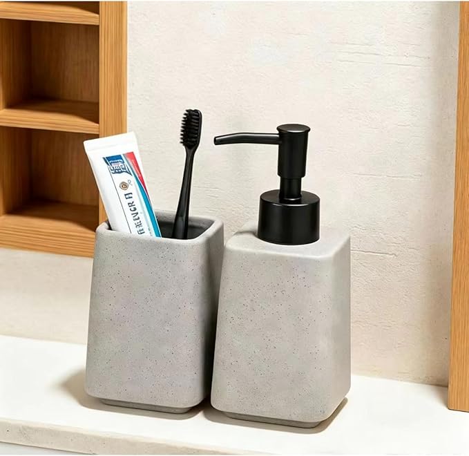 Grey Ceramic Bathroom Accessories Set 2Pieces,Soap Dispenser and Toothbrush Holder,Countertop Organizer for Stylish Bathroom