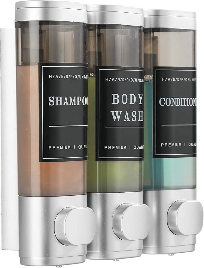 Shower Soap Dispenser Wall Mounted No Drill Shampoo Dispenser for Shower Wall Shampoo and Conditioner Dispenser Bathroom Hotel 3 * 300ml Sliver with Labels
