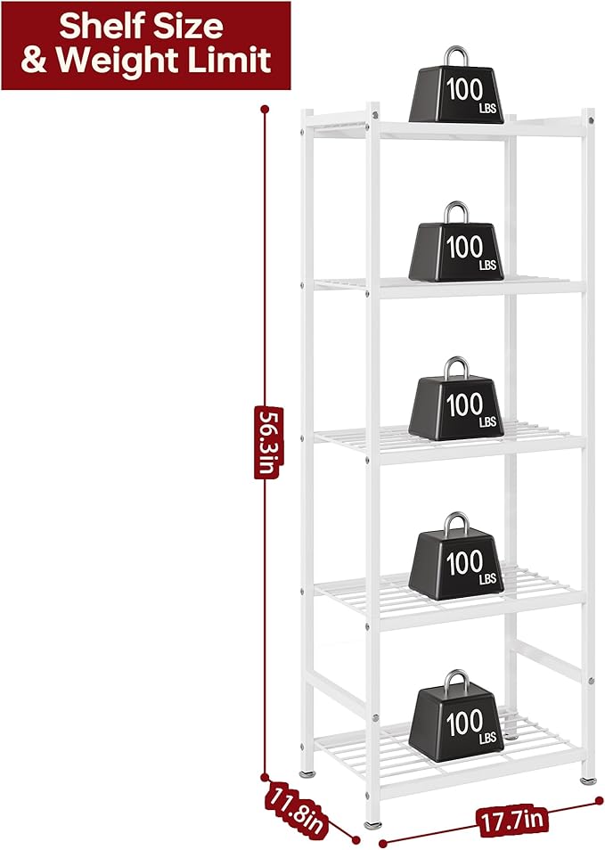 Small Storage Shelves, 5-Tier Metal Shelving Unit with Adjustable Feet, Compact Shelf Organizer for Garage, Kitchen, Pantry and Closet Organization, 11.8" x 17.7" x 56.3",White