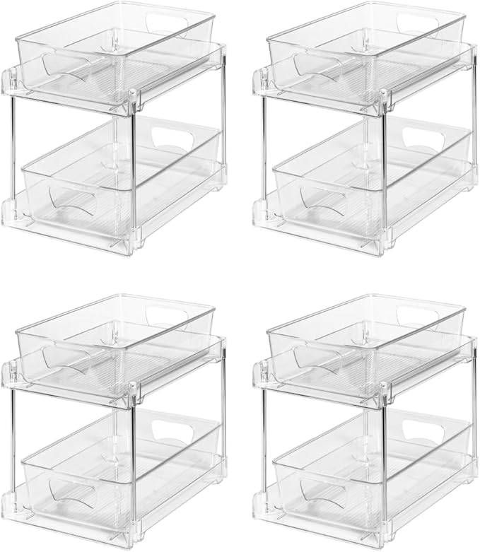 4 Pack Clear Bathroom Organizers and Storage, 2 Tier Pull Out Under Sink Cabinet Organizer Plastic Drawer Organization and Storage for Bathroom and Kitchen
