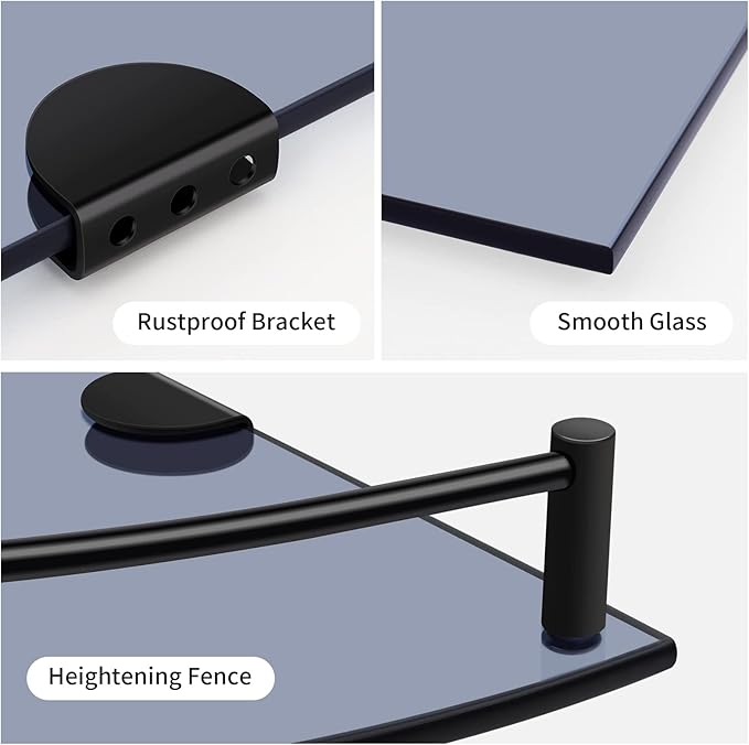 Glass Bathroom Shelves - Set of 2 Corner Shelves with Rail, Floating Glass Shelves for Bathroom, Kitchen, Living Room (Black)