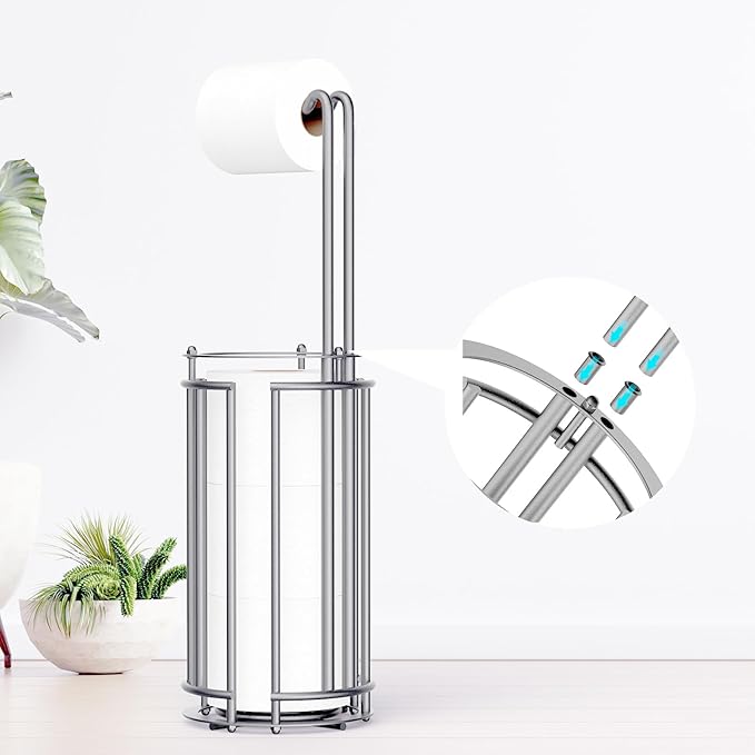 Meangood Toilet Paper Holder Stand and Tissue Paper Roll Dispenser for 4 Mega Rolls, Bathroom Free Standing Tissue Roll Storage Holder Rack, Detachable (Matte Silver)