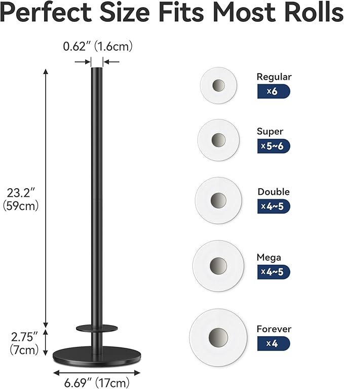 Black Toilet Paper Holder Stand for Spare Rolls Storage, Stainless Steel Freestanding Toilet Paper Holder with Shelf Hold 5 Paper Rolls