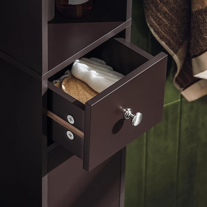 Haotian Bathroom Narrow Storage Cabinet, Skinny Tall Unit with Adjustable Shelves Slender Anti-Tipping Floor Standing Cupboard, Brown BZR34-BR