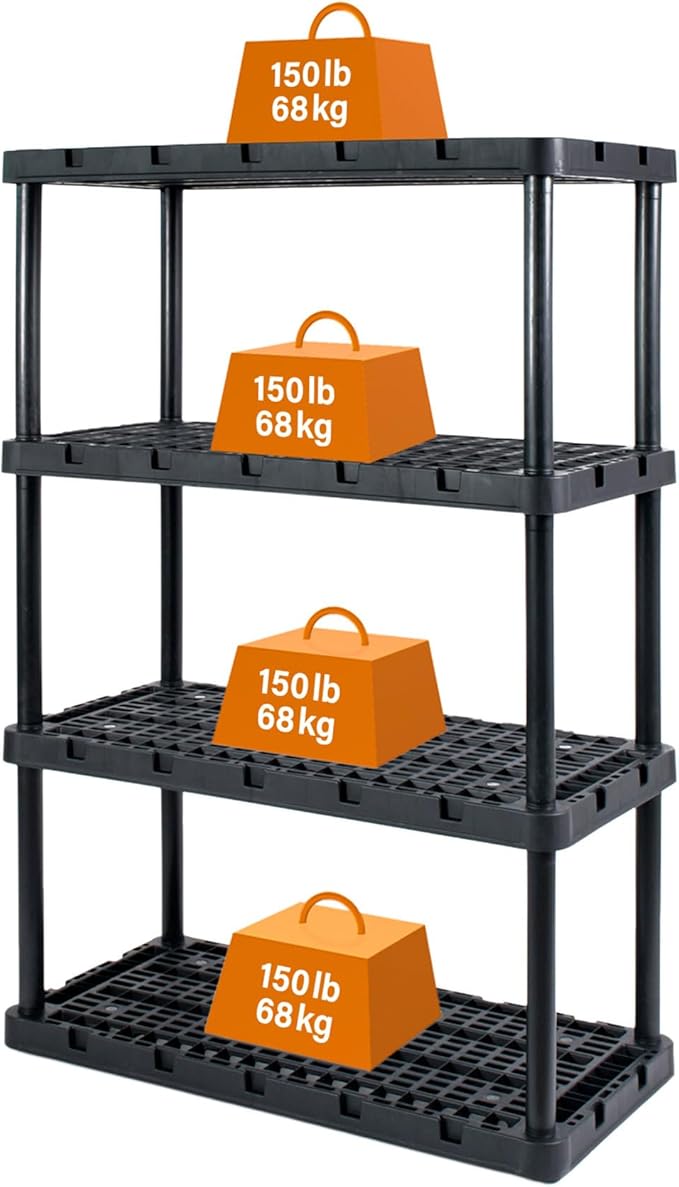 Gracious Living 4 Pack Heavy-Duty Storage Shelves, Knect-A-Shelf 4-Shelf Ventilated Storage Shelving Rack for Home Organization, Black