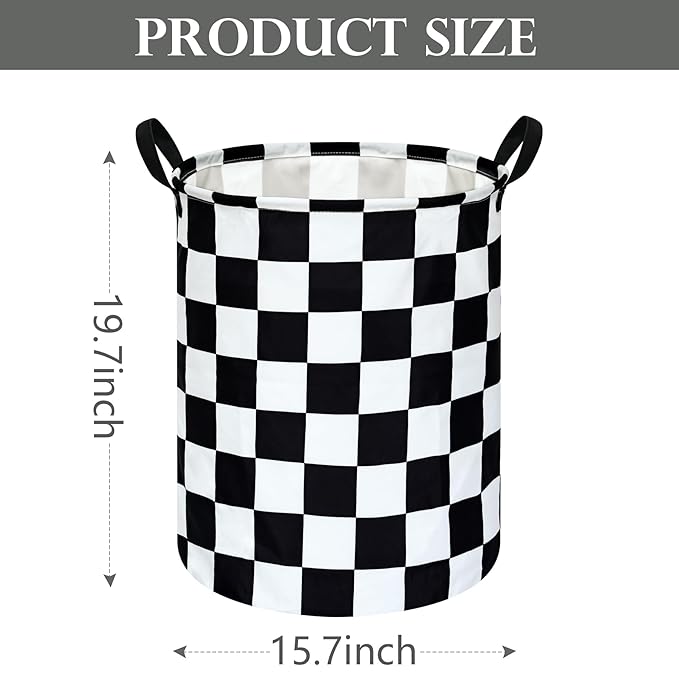 19.7 Inch Round Laundry Hamper Black Check Laundry Basket Fabric Storage Hamper Organization Basket, Storage Bin, Toy Box,Gift Basket with Handles for Room