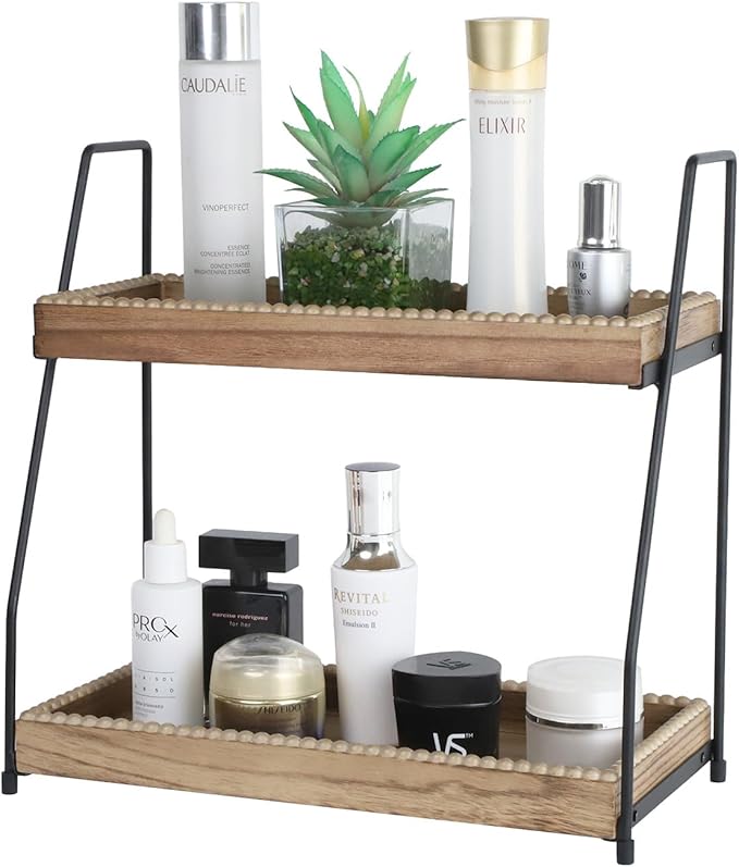 Bathroom Vanity Organizer 2-Tier Wood Countertop Storage Counter Shelf for Makeup Skincare Perfume Jewelry Tray Spice Rack Nature