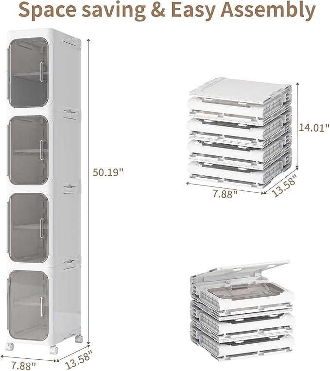 Neathub 4-Tiers Slim Bathroom Storage Cabinet, Foldable Storage Cabinets,Narrow Bathroom Storage,Movable Bathroom Storage Organizer for Small Spaces,Bathroom,Kitchen,Laundry,White