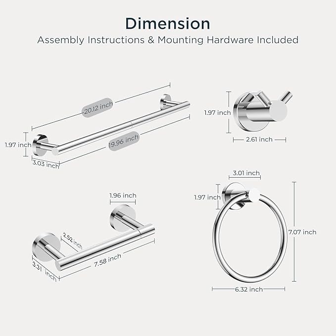 FORIOUS Bathroom Hardware Accessories Set, SUS304 Stainless Steel Towel Bar Set, Modern Towel Racks Holder for Bathroom, Toilet Paper Holder Wall Mounted 4 Pieces(18" Bar, Chrome)