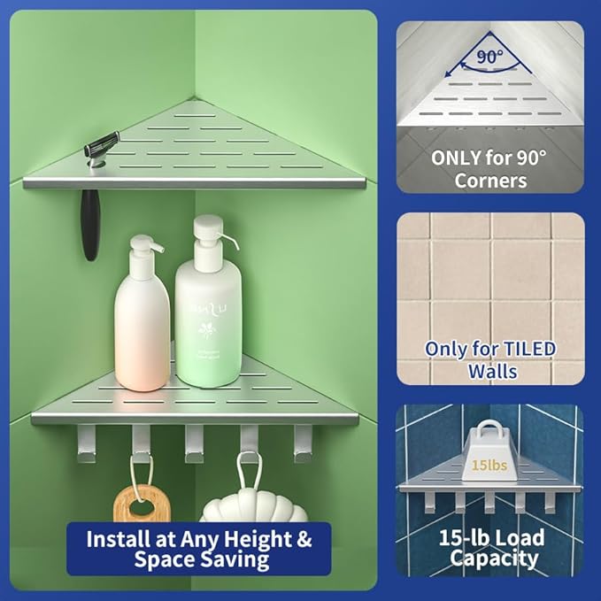 10'' Corner Shower Shelf, 304 Stainless Steel Shelves for Bathroom, Grout in Shelf with Hooks for Tiled Wall (Brushed)