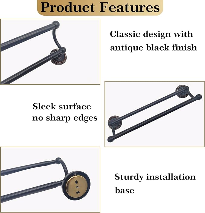 Double Towel Bar, Antique Brass Towel Racks for Bathroom Wall Mount, Adjustable Vintage Black Towel Bar 13.4"-24.8" Usable Bar Length, Heavy Duty Rustproof Bathroom Towel Rod Holder for Kitchen