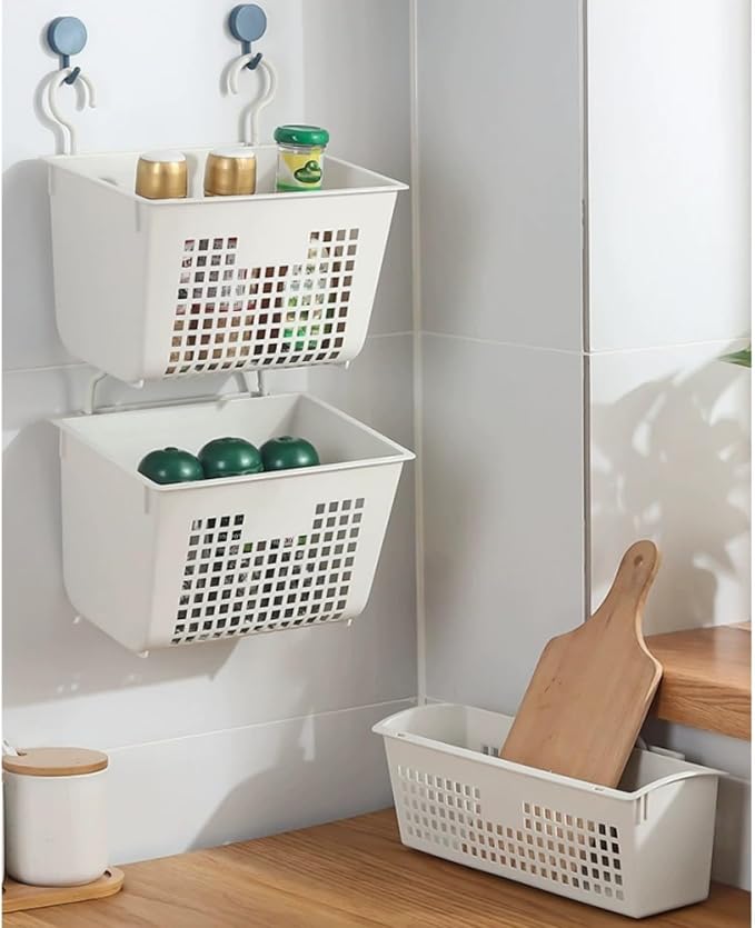 5PCS Plastic Hanging Baskets for Shower, Hanging Basket Organizer with Hooks, Rectangle 11.3Inches Small Hanging Storage Basket (Beige)