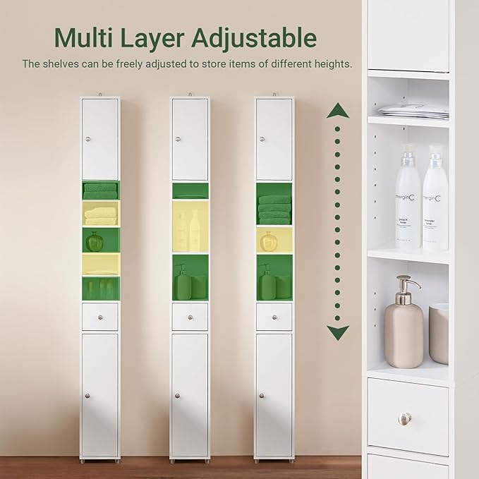 SoBuy Bathroom Narrow Storage Cabinet, Skinny Tall Unit with Adjustable Shelves Slender, Slim Bathroom Organizers and Storage, Anti-Tipping Thin Floor Standing Cupboard Laundry Room, White BZR34-W