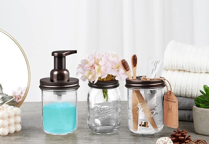 SheeChung Mason Jar Toothbrush Holders, Bathroom Accessories, Bathroom Essentials, Bathroom Organizers and Storage, Bathroom Countertop Organizer, Glass Toothbrush Holders for Bathroom-Bronze, 2Pcs