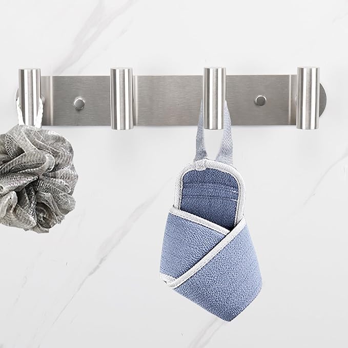 Coat Hook Rack, Wall Mounted Rack with 4 Hooks, Heavy Duty Towel Rack Wall Hooks for Hanging Jacket, Stainless Steel Coat Hanger for Bathroom Entryway Mudroom (Brushed Nickel)