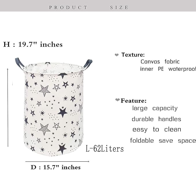 Kids Laundry Hamper Clothes Gift Basket Storage Laundry Baskets Organizer Bin with Handles for Nursery Room (Black Star)