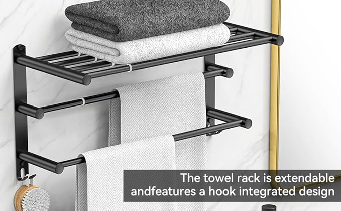 CAXIMSY Black Adjustable Towel Bar for Bathroom Wall Mount17-30.7inch Adhesive Shower Towel Rack Stainless Steel Bath Towel Holders for Toilet Kitchen Double Towel Hanger (Black 3-Layer Towel Rack)