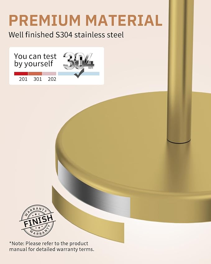 BWE Bathroom Toilet Paper Holder Stand Brushed Gold SUS304 Stainless Steel RV Modern Freestanding Toilet Paper Roll Holder for Bathroom and Washroom with Heavy Weighted Base