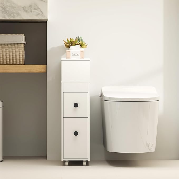 HOMGX Slim Bathroom Storage Cabinet, Narrow Floor Bathroom Organizer with Universal Wheels, Freestanding Side Toilet Storage with 2 Drawers, Rolling Bathroom Space Saver for Corner Small Spaces, White