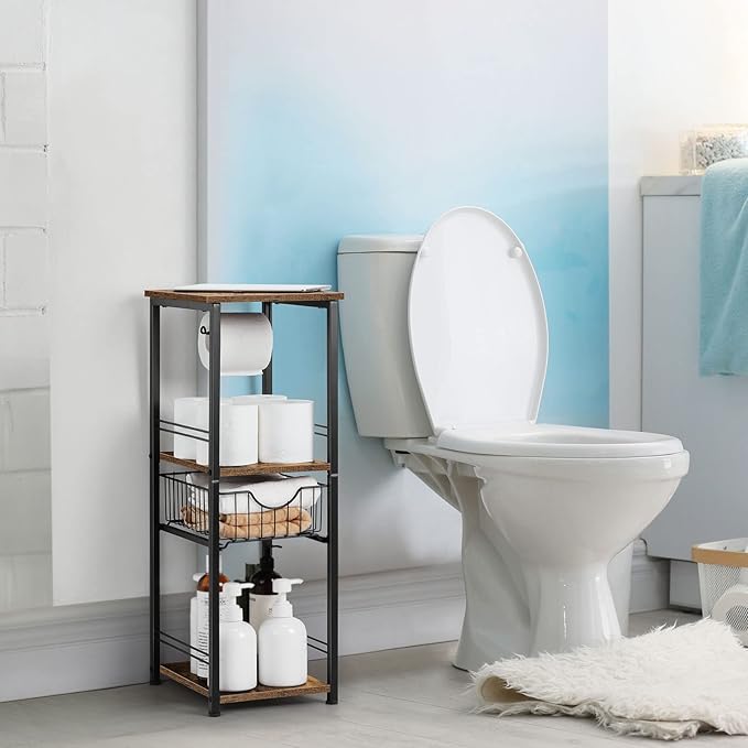 OYEAL Small Bathroom Floor Storage Cabinet 3 Tier Corner Storage Organizer with Drawer Freestanding Bathroom Towel Storage Unit for Small Space Laundry Room Entryway Kitchen, Rustic Brown