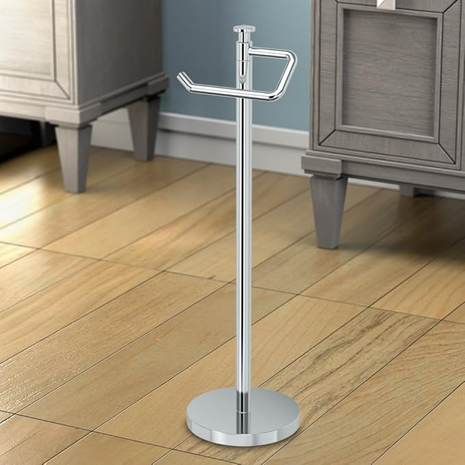 Gatco 1435C Freestanding Toilet Paper Holder, 23.68” H, Chrome | Toilet Tissue Roll Holder Stand With Weighted and Padded Base For Bathroom