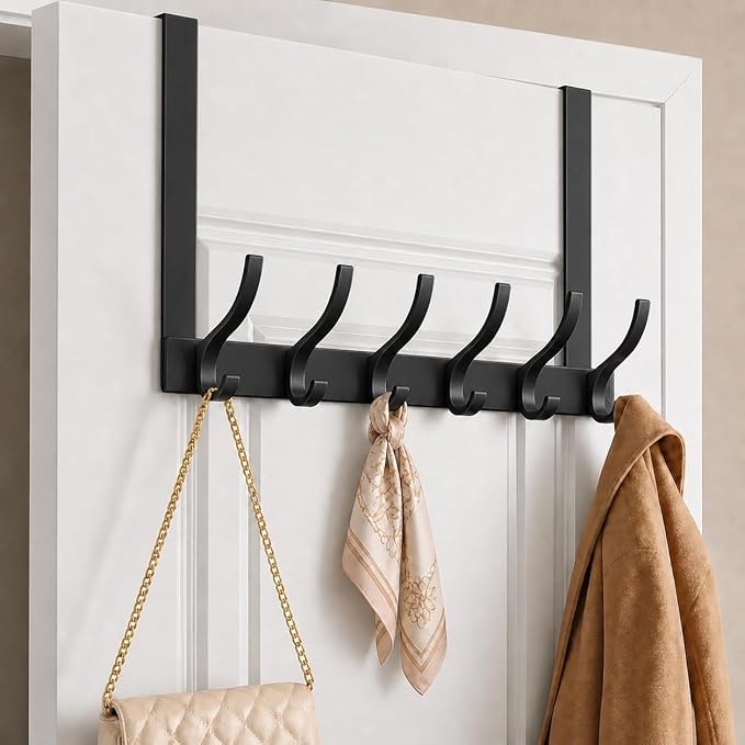 Peasulin Large Over The Door Hooks, Sturdy Door Hanger with 12 Hooks, Door Towel Rack for Bathroom, Bedroom, Kitchen, Coat Rack for Hanging, Easy to Install (Black)