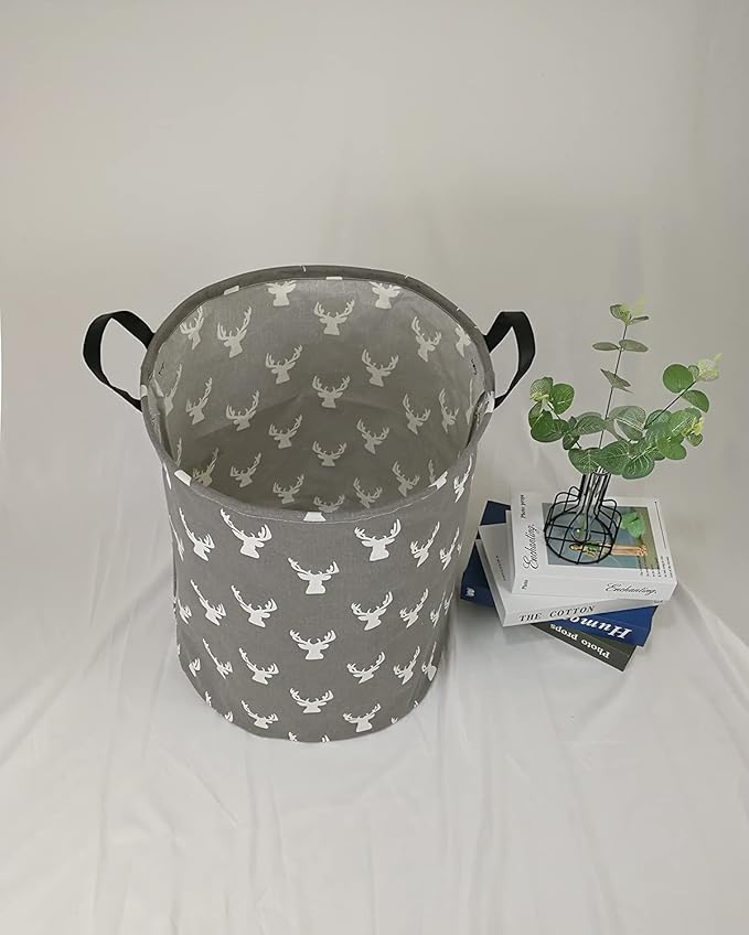 Kids Laundry Hamper Clothes Gift Basket Storage Laundry Baskets Organizer Bin with Handles for Nursery Room (Grey deer)