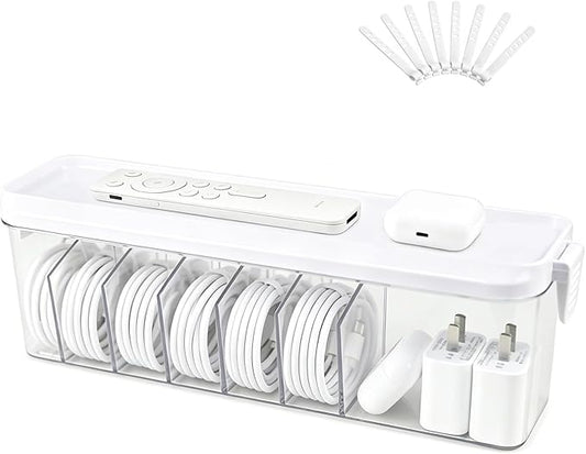 TexHome Charger Cable Organizer Box with Lid Plastic Cord Storage Box with Wire Ties, Electronics Cord Organizer for Home Drawer Office Desk Accessories Storage