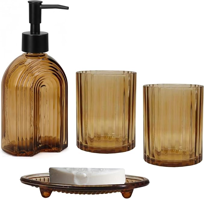 Amber Bathroom Accessories Set, 4Pcs Glass Bathroom Accessories Set Complete Lotion Soap Dispenser, Toothbrush Holder, Mouthwash Cup, Soap Dish for Bathroom Decor, Countertop Organizer