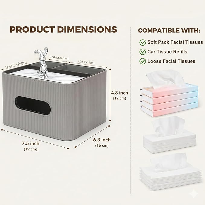 Tissue Box Cover Rectangle with Storage Organizer,Grey Leather Tissue Box Cover for Bathroom, Night Stands,Office Desk,Living Room, Decorative Tissue Holder,Compact Size for car Tissue Refills