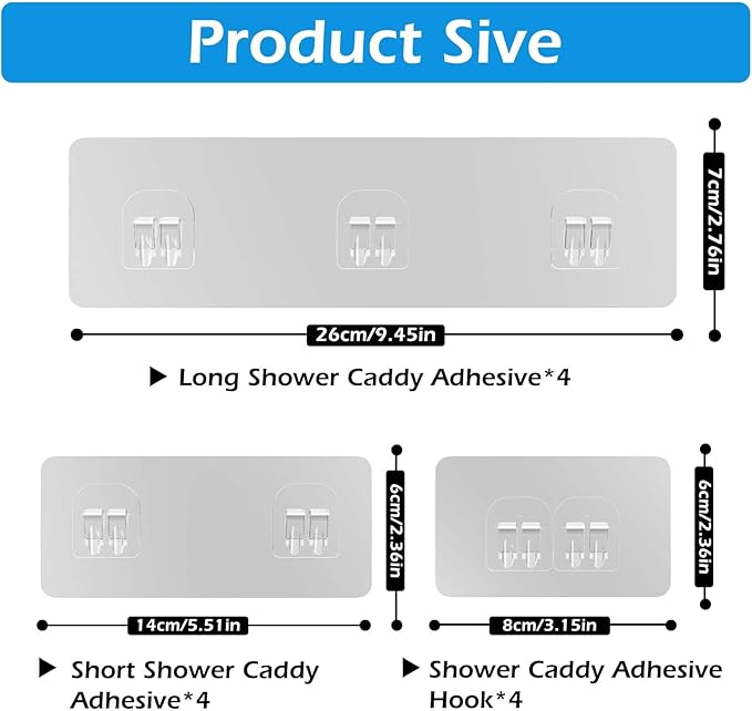 12 Pack Shower Caddy Adhesive Replacement, Shower Adhesive Strips, Strong Adhesive Hooks, Waterproof Sticker, No Drilling, for Bathroom Shelf and Kitchen Racks