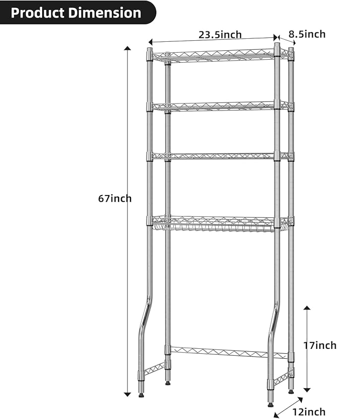 Ekisemio 4-Tier Over The Toilet Storage, Metal Bathroom Shelf with Adjustable Shelves & Basket, Space-Saving Above Toilet Organizer, Chrome