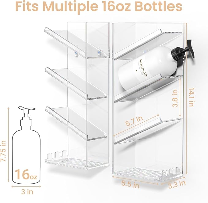 AITEE Acrylic Bathroom Organizer Caddy, Clear Shampoo Holder Wall Mounted, Shower Organizer with Suction Cup, No Drilling and Rustproof, Sturdy and Durable - Combination Shelf