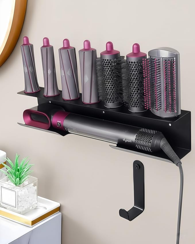 Hair Dryer Holder for Airwrap, Aluminum Hair Tool Holder Wall Mount Black with 7 Custom Slots & Cable Hook, Hair Tool Organizer Wall Mounted for Bathroom BANJEKT