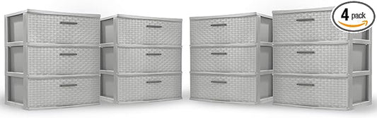 Sterilite 4 Pack 3 Drawer Wide Storage Tower, Plastic Weave Organizer, Cement - Lightweight Opaque Container for Bedrooms, Closets, or Bathrooms