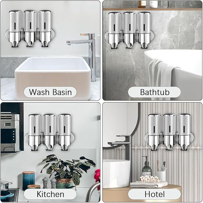 3 in 1 Chamber Wall Mounted Bathroom Shower Pump Dispenser and Organizer-Holds Shampoo, Soap, Conditioner, Shower Gel, for Bathroom Kitchen Hotel (Silver)