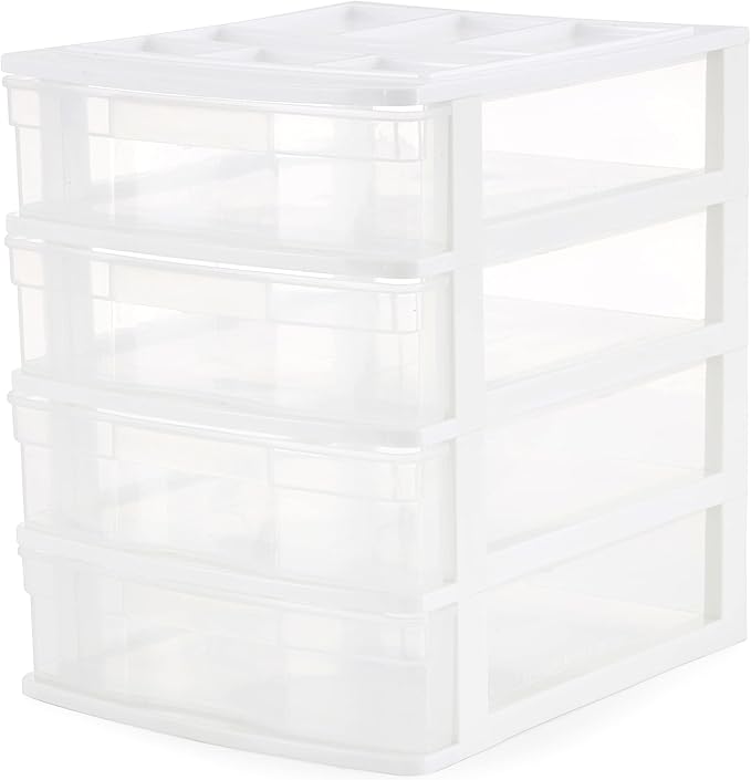 Gracious Living 4 Drawer Desktop & Countertop Organizer w/Organization Lid for Craft Storage, Office Supplies & School Supplies, White/Clear (4 Pack)