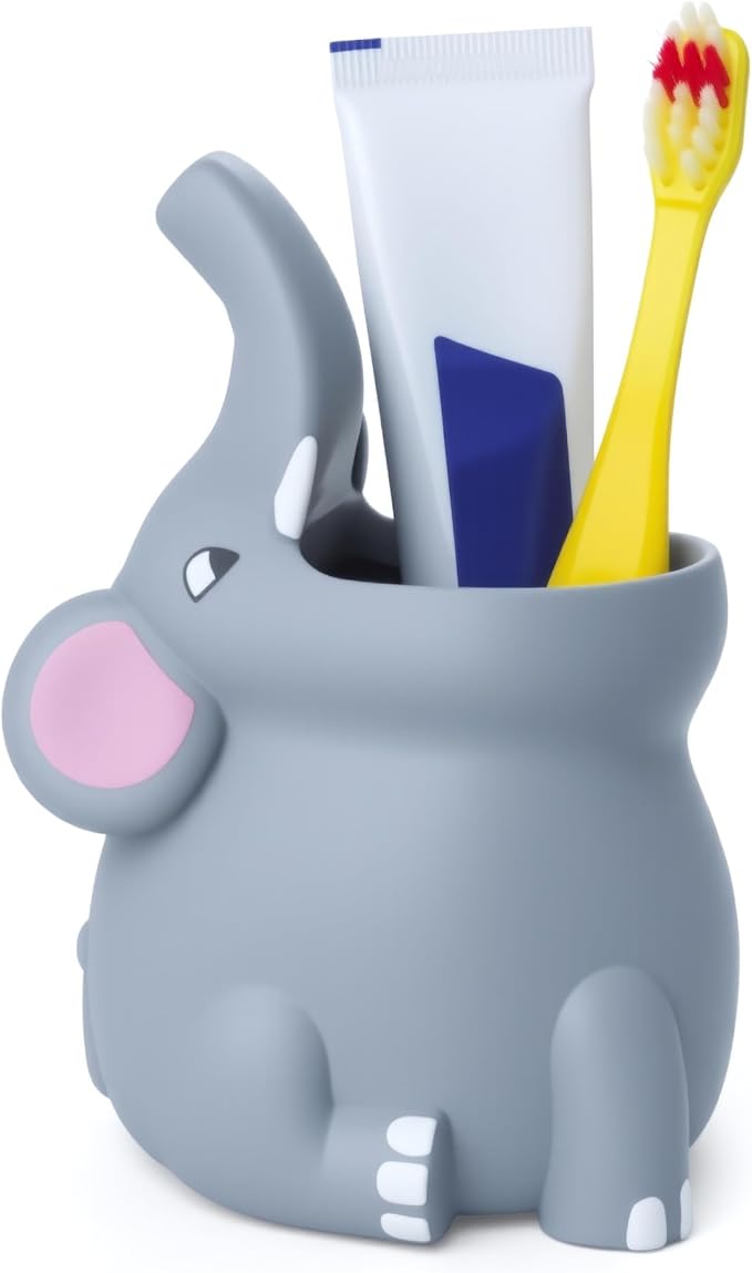 Kids Toothbrush Holder Toothbrush Organizer – Durable Silicone Animal Tooth Brush Holder – Easy to Clean Toothbrush and Toothpaste Holder – Toothbrush Holders for Bathrooms by Lily’s Home - Elephant